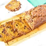 Slices of pumpkin bread with chocolate chips.