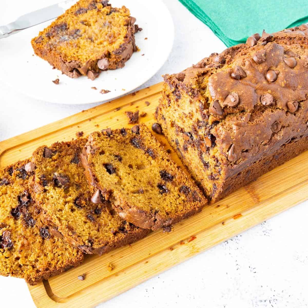 Sliced pumpkin loaf bread with chocolate chips.