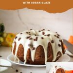 Pinterest image for pumpkin bundt with chocolate chips and sugar glaze.