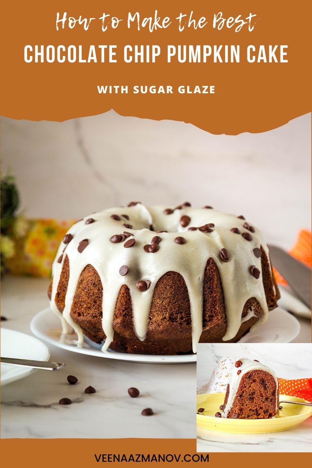 Pinterest image for pumpkin bundt with chocolate chips and sugar glaze.