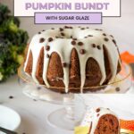 Pinterest image for pumpkin bundt with chocolate chips and sugar glaze.