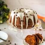 Pinterest image for pumpkin bundt with chocolate chips and sugar glaze.