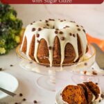 Pinterest image for pumpkin bundt with chocolate chips and sugar glaze.