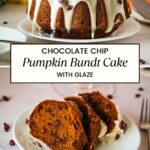 Pinterest image for pumpkin bundt with chocolate chips and sugar glaze.