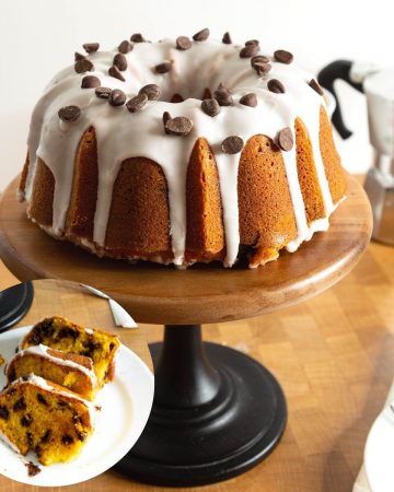 Chocolate chip pumpkin cake on a wooden cake stand
