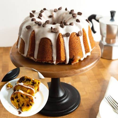 Chocolate chip pumpkin cake on a wooden cake stand