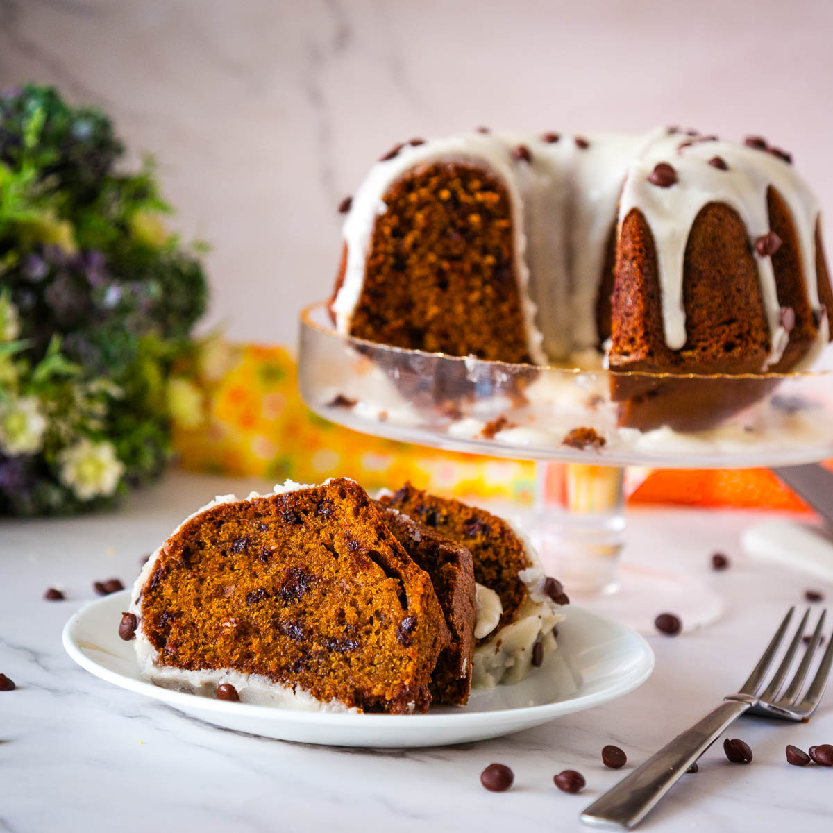 A sliced pumpkin bundt cake.