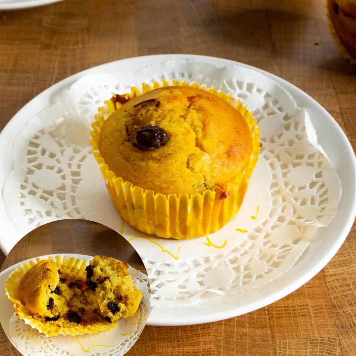 A plate with chocolate chip muffin