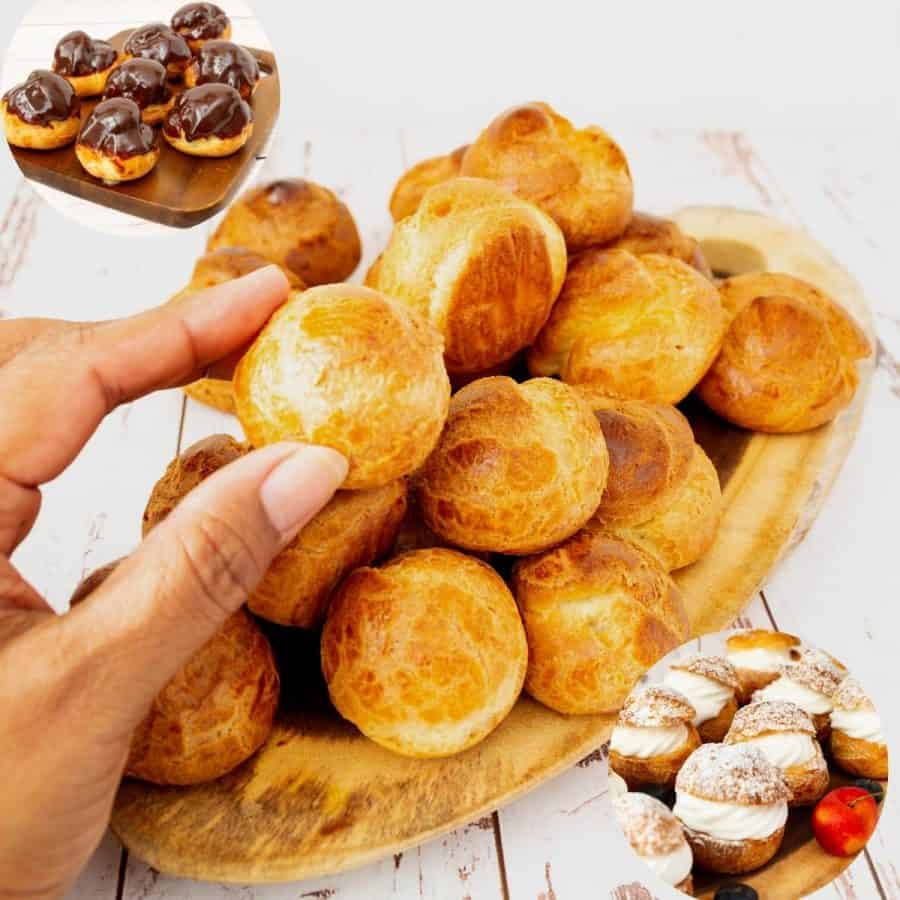 A stack of Choux pastry on a wooden board.