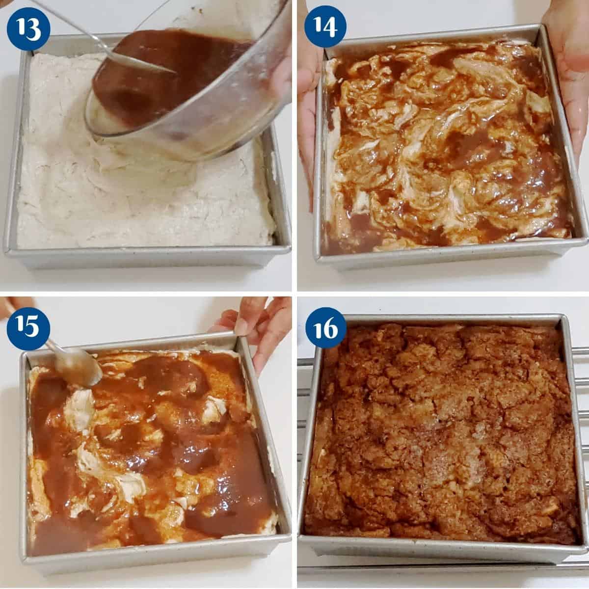 Progress pictures assembling apple cake with cinnamon.