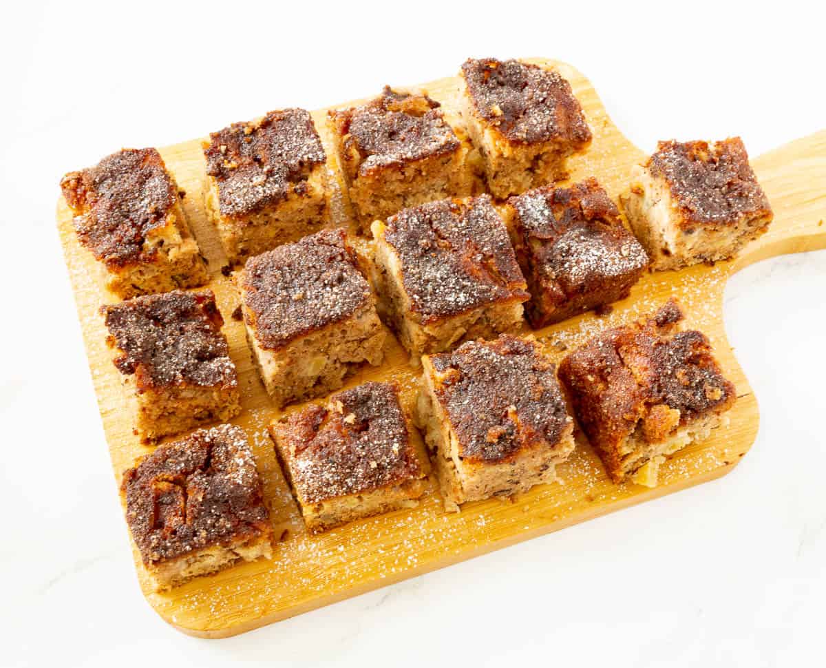 apple cake squares on a wooden board