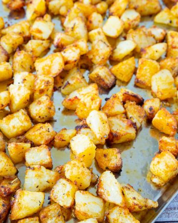 roasted potatoes on a baking tray