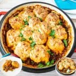 A pan of Beef Casserole and cheddar biscuits 