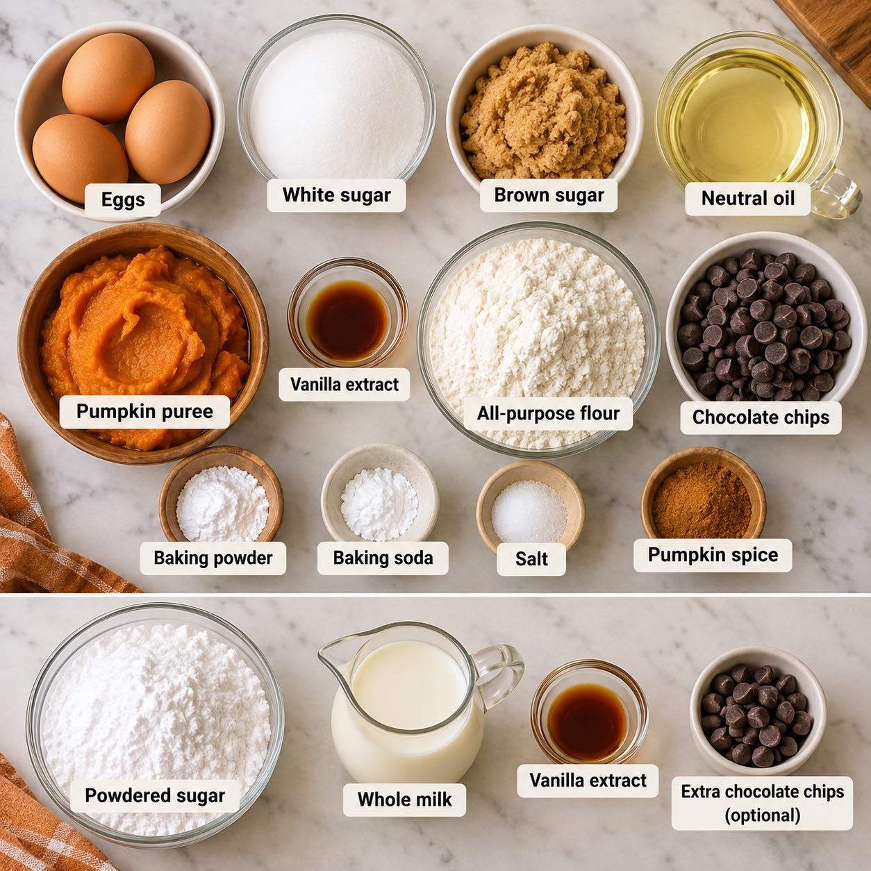 Ingredients for making Chocolate Chip Pumpkin Cake.