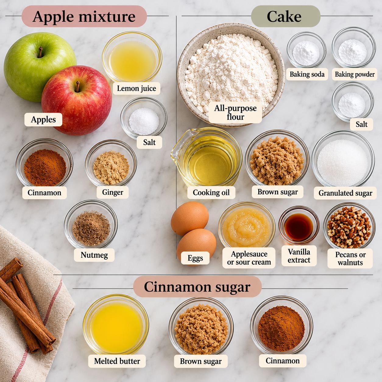 Ingredients for making Cinnamon Apple Cake with Buttery Swirl.