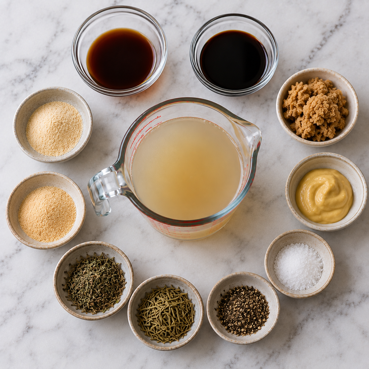 Liquid Ingredients for shredded beef in slow cooker.