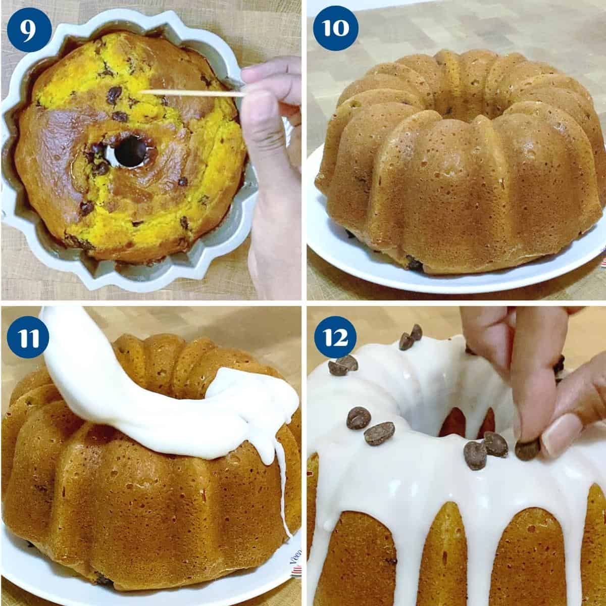 Progress pictures collage baking the pumpkin batter in a bundt pan.