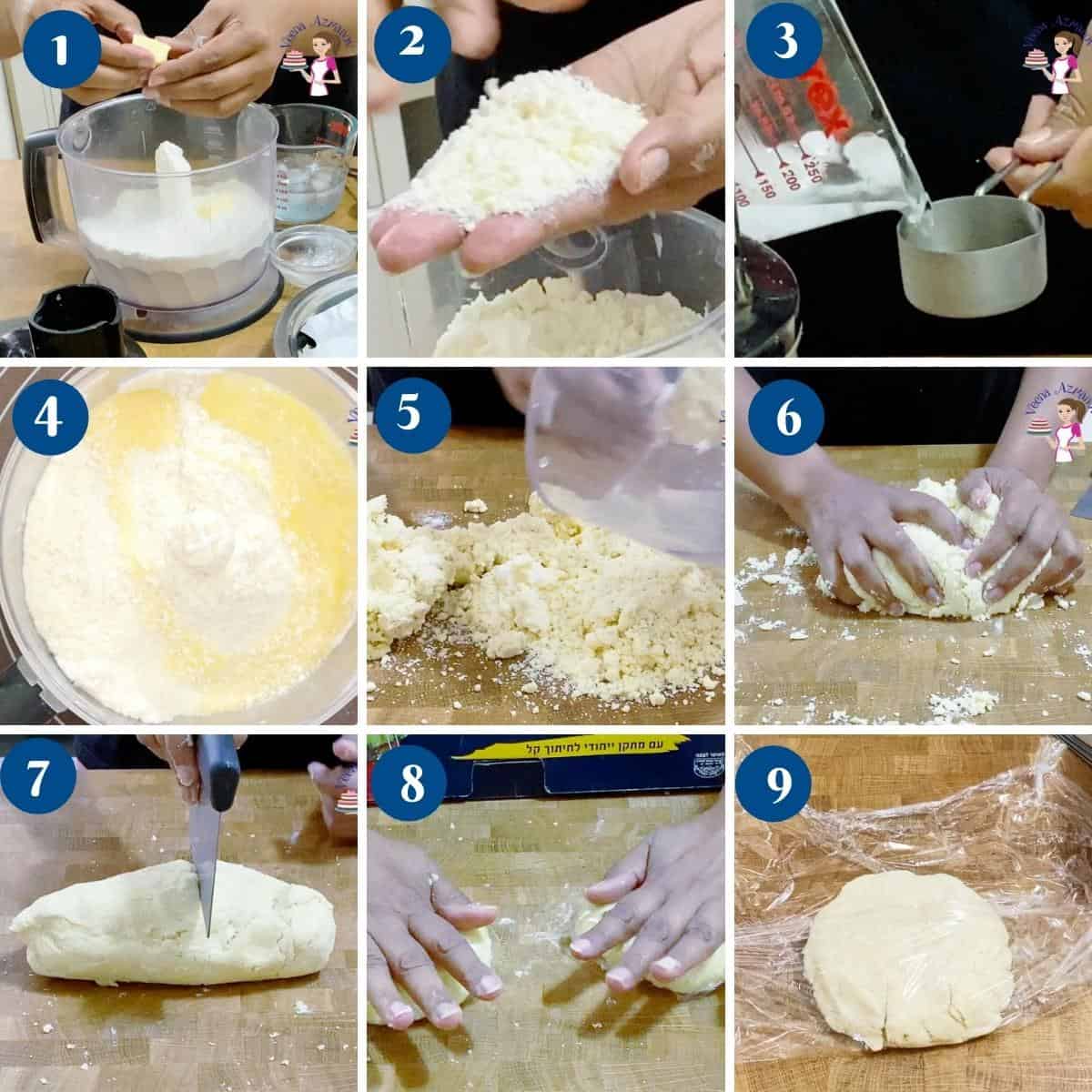 Progress pictures collage making the pie crust dough.