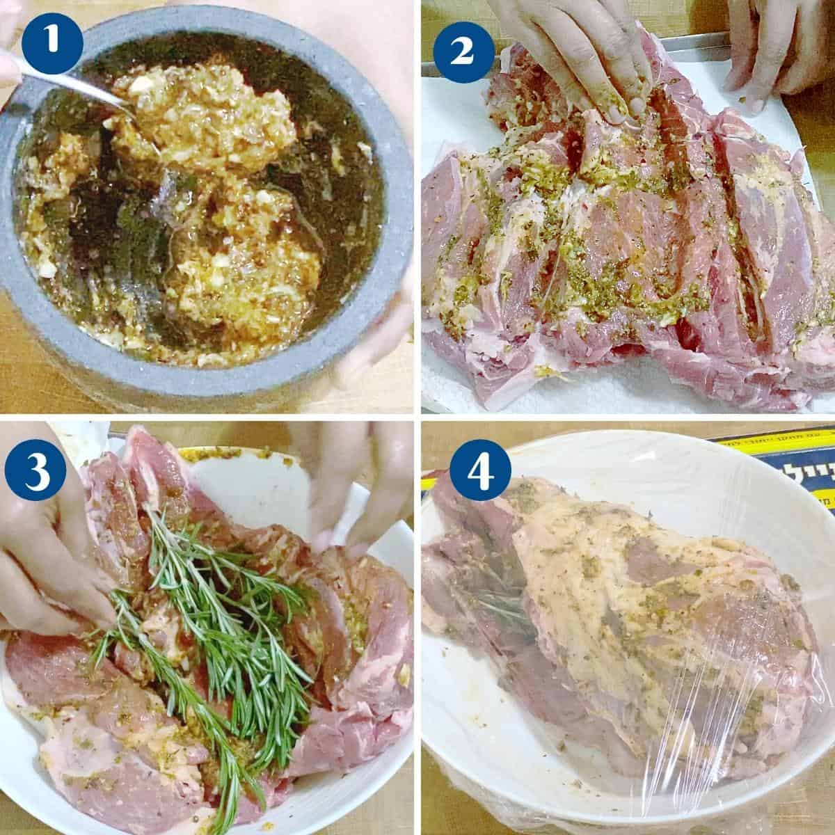 Progress pictures collage making and marinating the lamb.