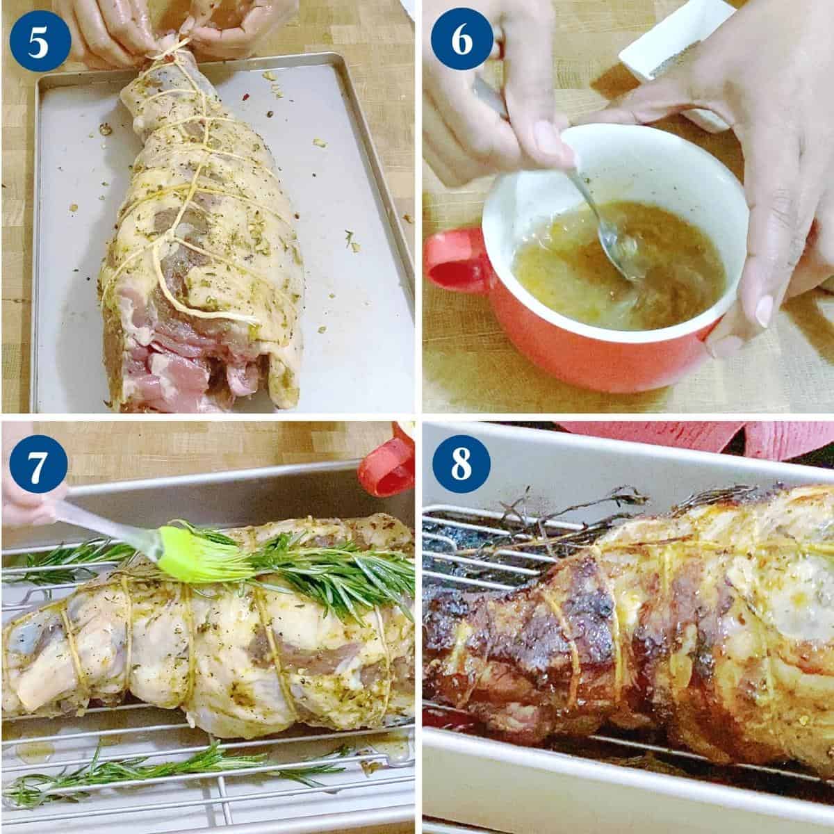 Progress pictures collage marinating the leg of lamb.