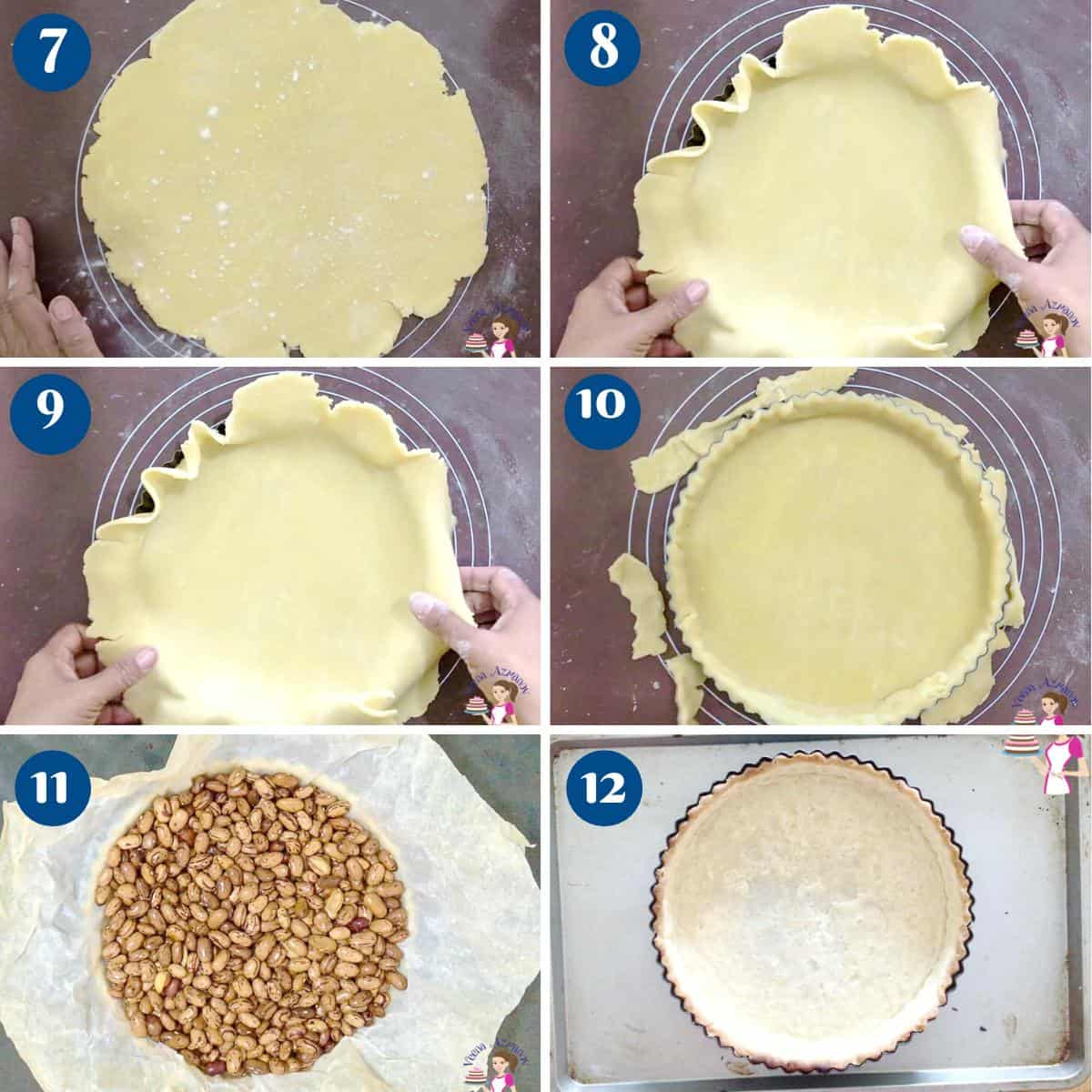 Progress pictures line the tart pan with pie dough.