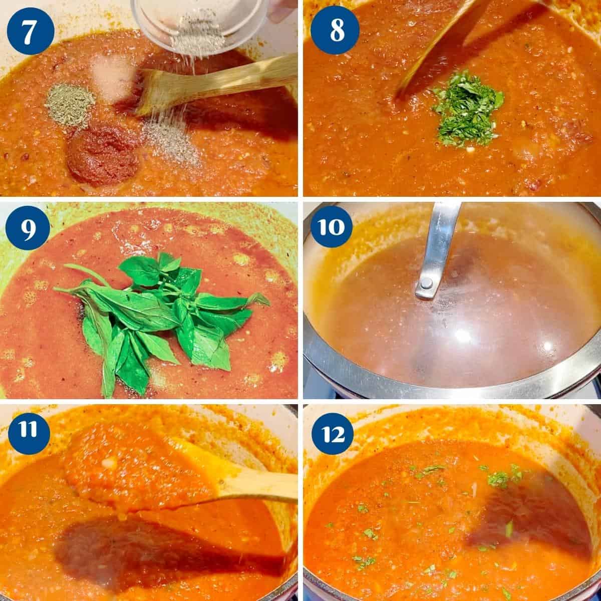 Progress pictures making the marinara sauce in cast iron pot.