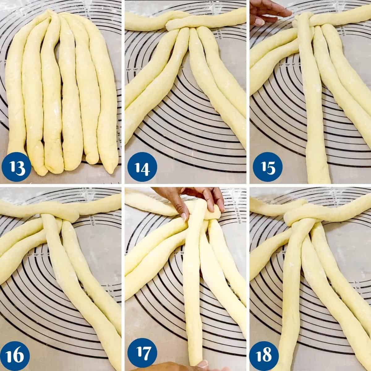 Progress pictures showing how to braided the size braid challah.