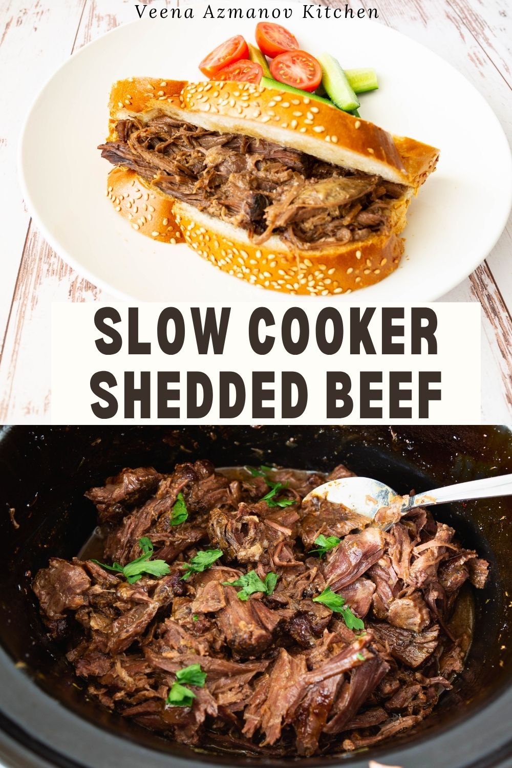 Pinterest image for Slow Cooker Shredded Beef.