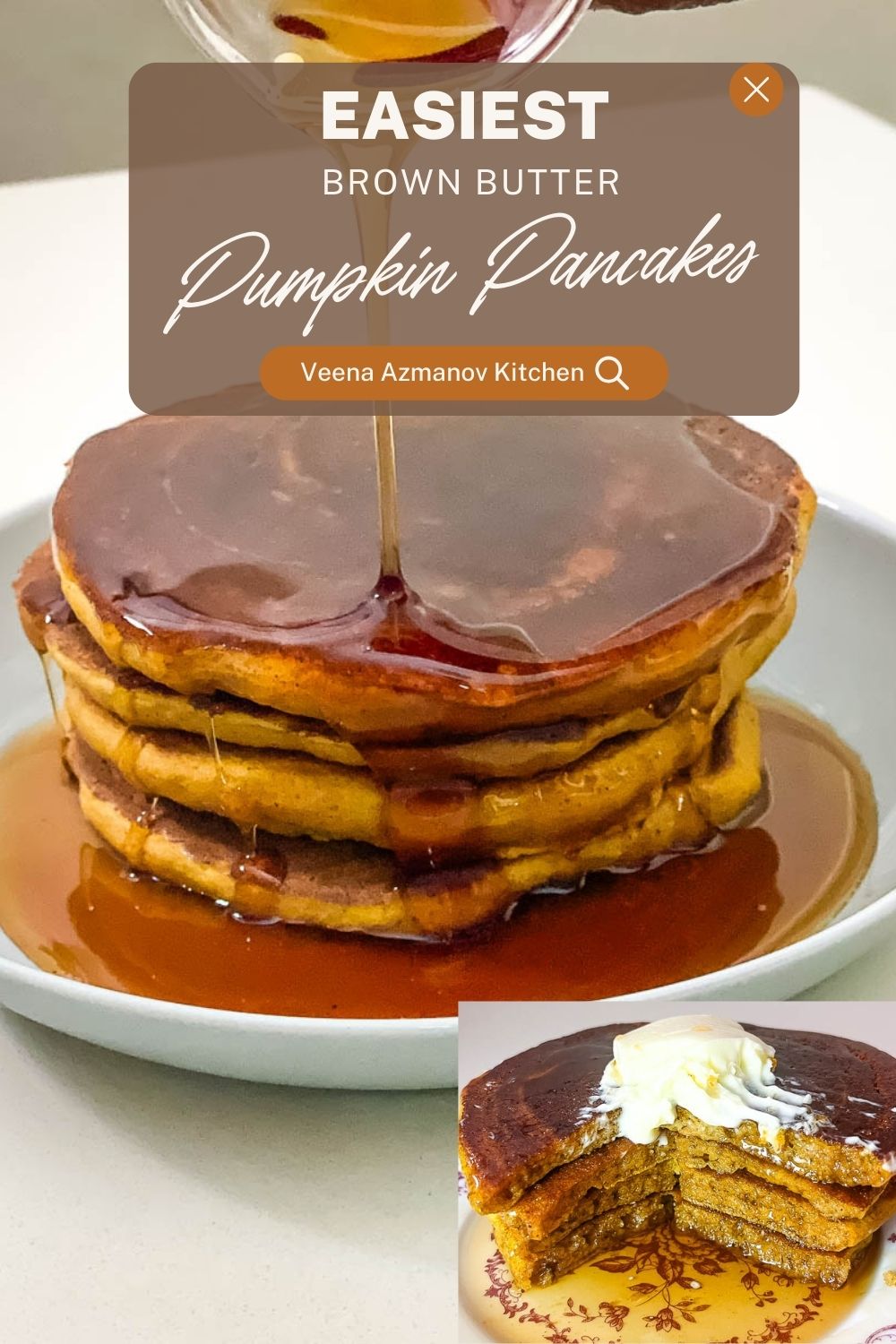 Pinterest image for pumpkin pancakes with brown butter.