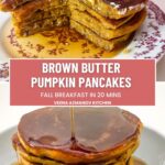 Pinterest image for pumpkin pancakes with brown butter.