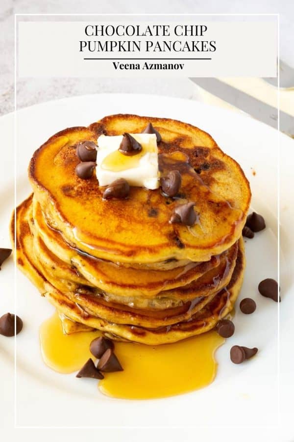 Pinterest image for pumpkin pancakes with chocolate chips.