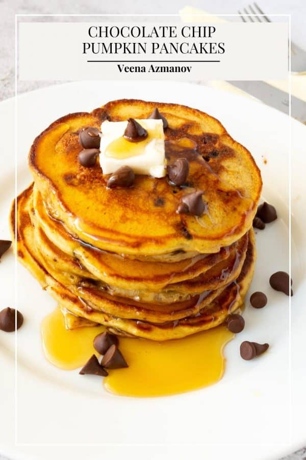 Pinterest image for pumpkin pancakes with chocolate chips.
