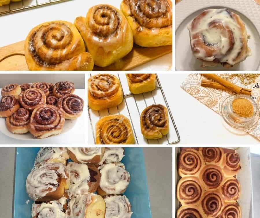 A collage with different pictures of cinnamon rolls