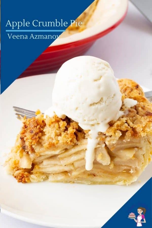 A plate with a slice of apple pie with vanilla ice cream on top.