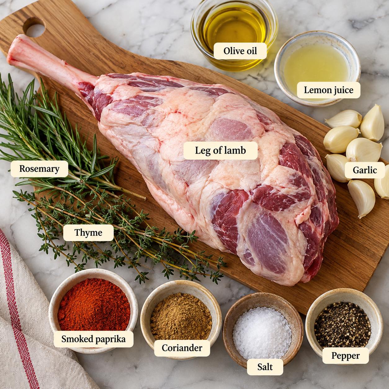 Ingredients for making Roast Leg of Lamb with garlic oil marinade.