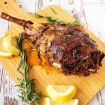 Lamb leg on a serving platter.