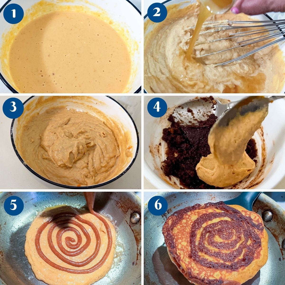 Progress pictures making cinnamon swirl pancakes.