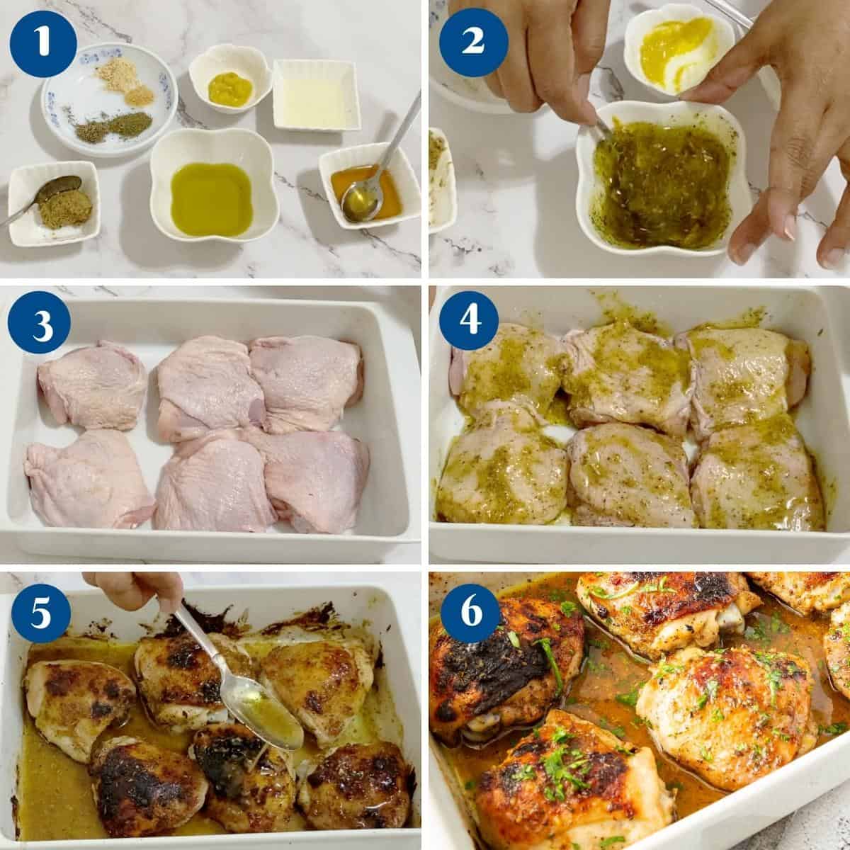 Progress pictures for making chicken thighs in the oven.