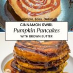 Pinterest image for pumpkin Cinnamon Swirl Pancakes.