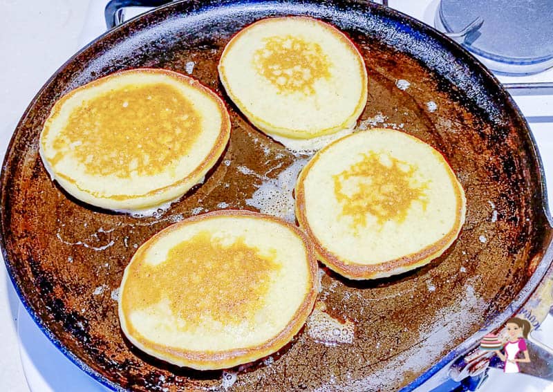 pancakes cooking on a hot gridle