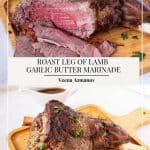 Pinterest image for roasting lamb leg.