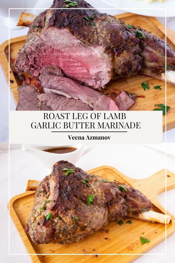 Pinterest image for roasting lamb leg.