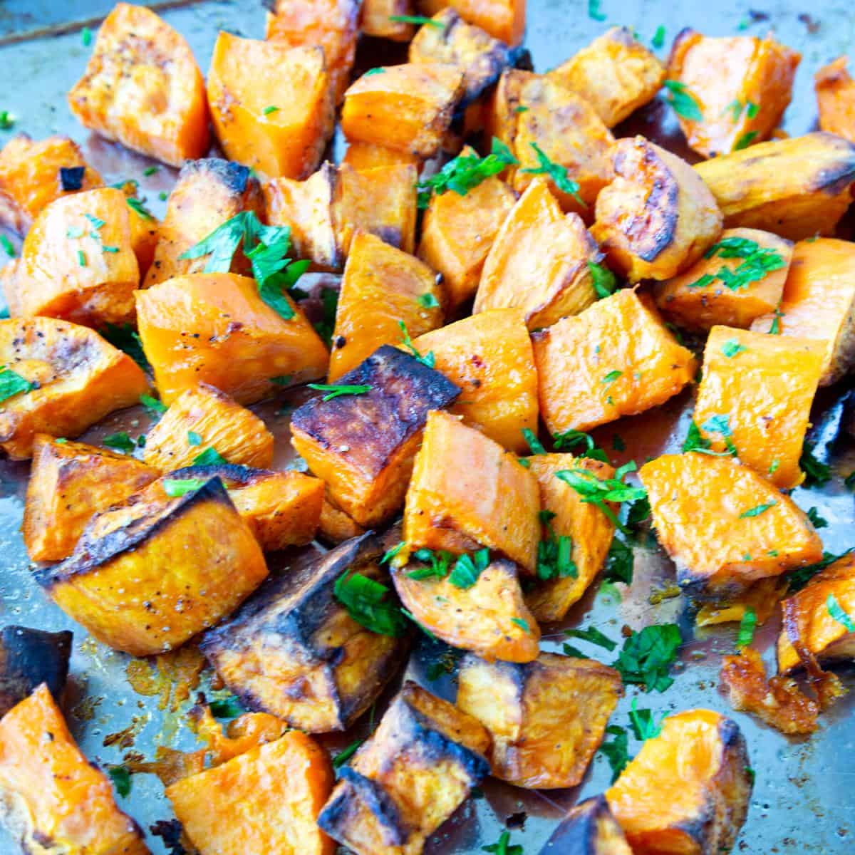 A tray with sweet potato cubes.