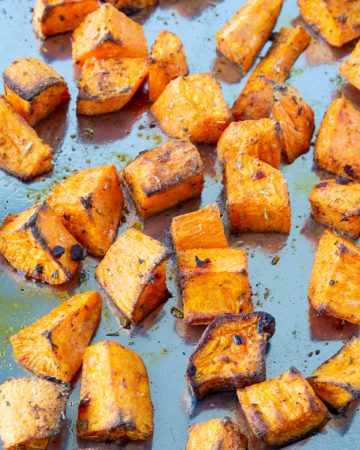 A tray with baked sweet potatoes