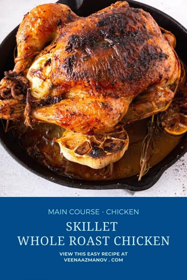 Pinterest image for roasting chicken in cast iron skillet.