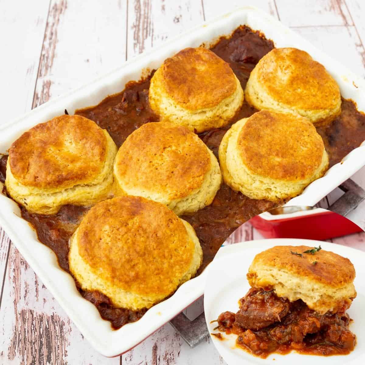 A casserole with lamb and biscuits