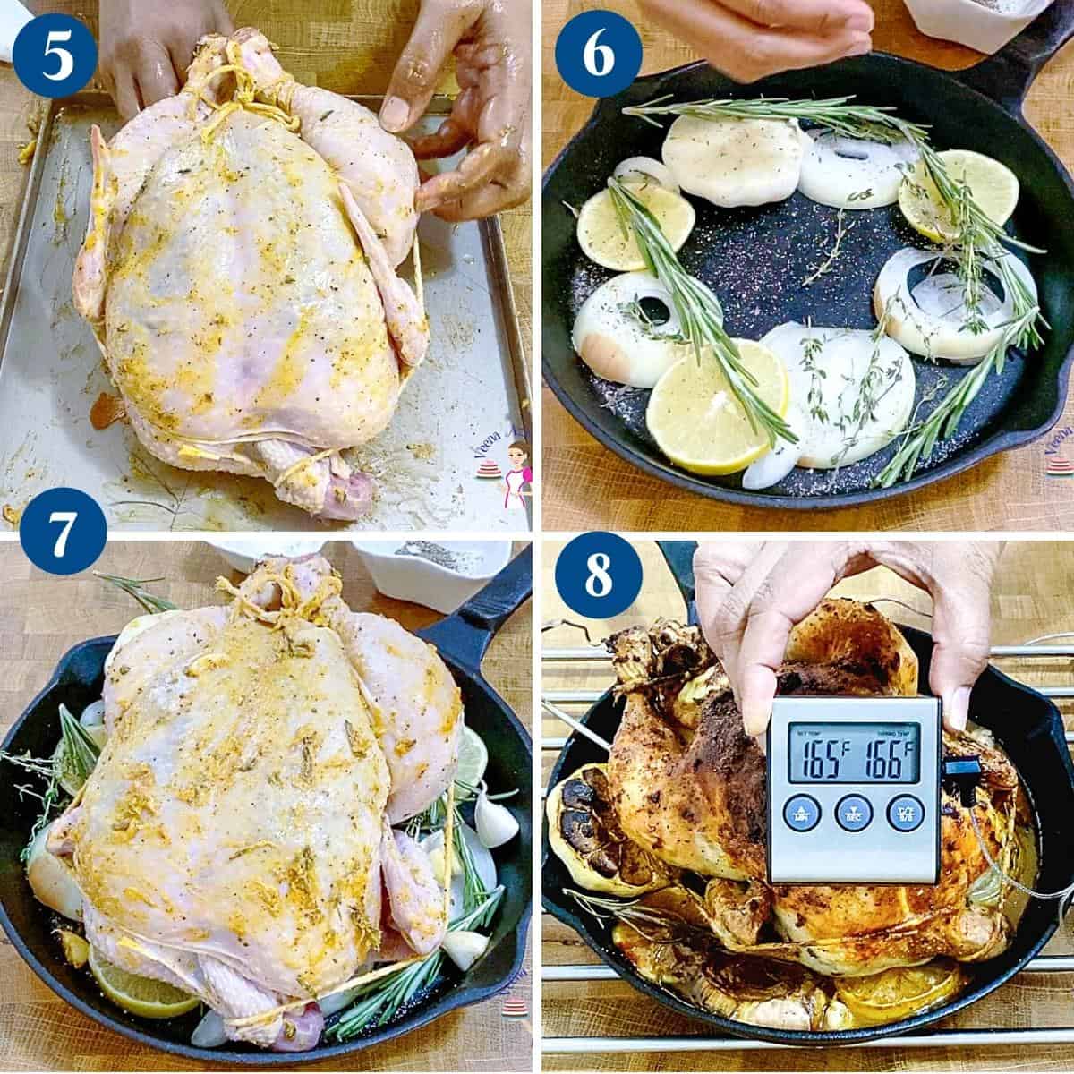 Progress pictures roasting the chicken in a cast iron skillet.