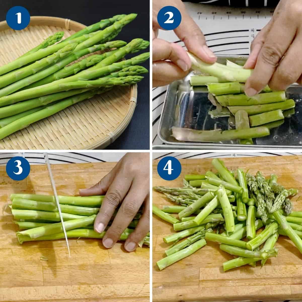 Progress pictures collage cleaning asparagus.