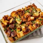 A baking dish with stuffing.