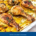 Pinterest image for chicken legs baked in the oven.